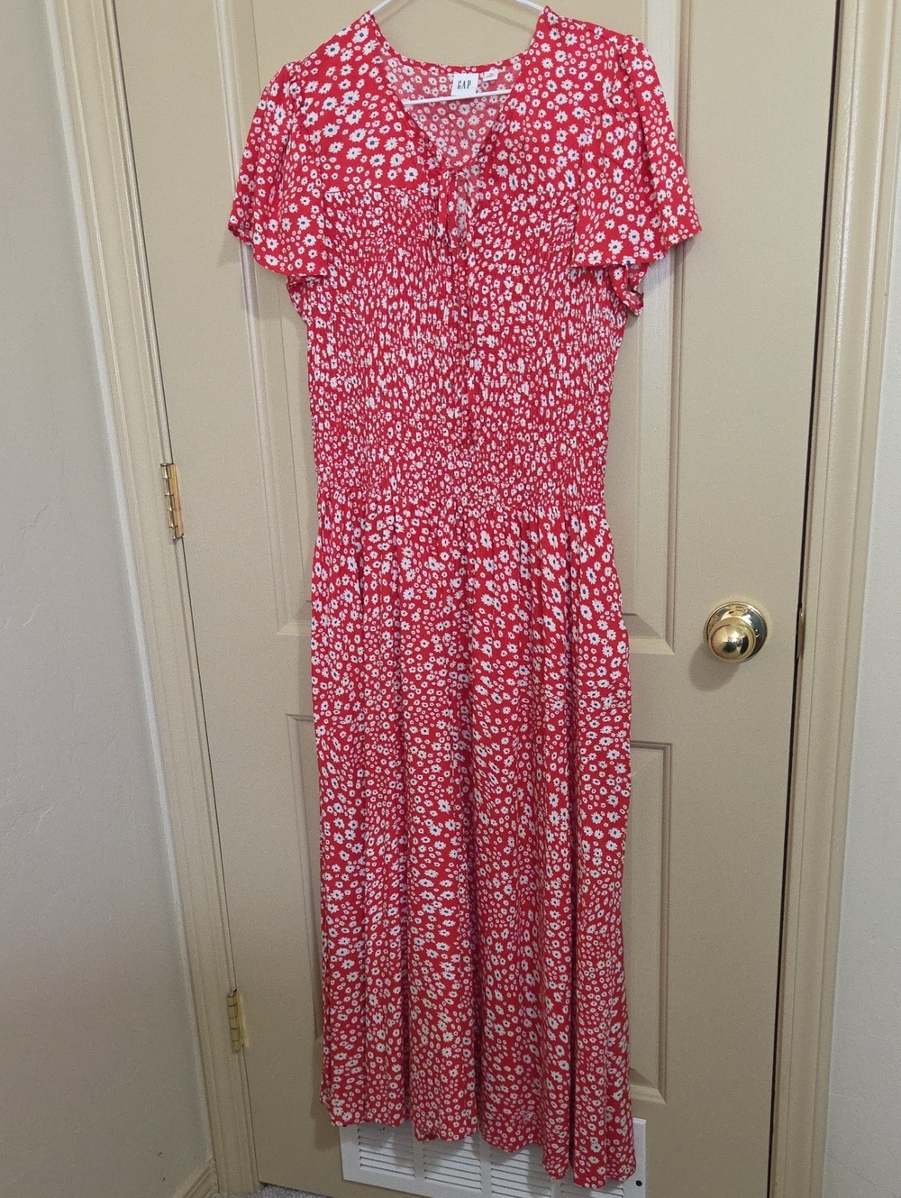 GAP Red Floral Maxi Dress with Smocked Waist